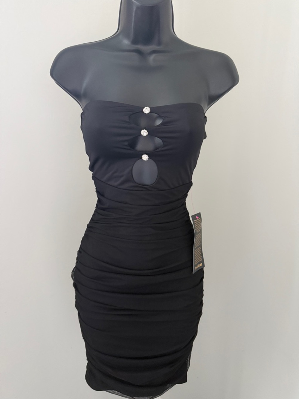 🆕 BEBE Black Tube Mini Dress Strapless Bodycon Cutouts Crystals Women’s Size XXS - Picture 5 of 16